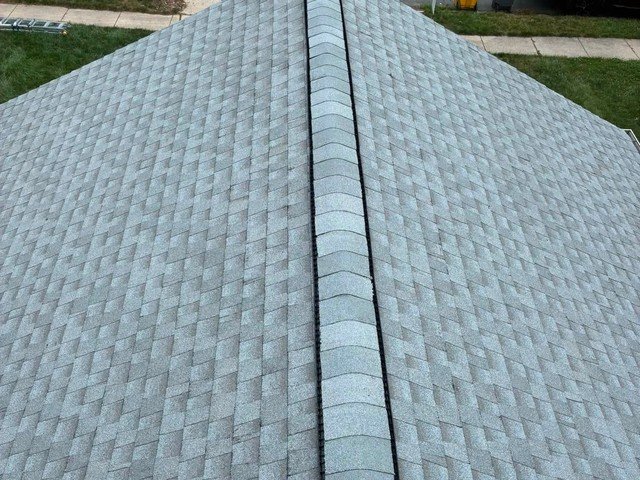 Aerial view of a completed roof replacement job site in Severna Park, MD